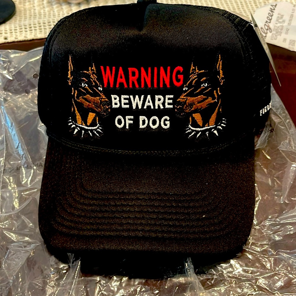 Beware of Dog.  Black Truckers Hat. Doberman.